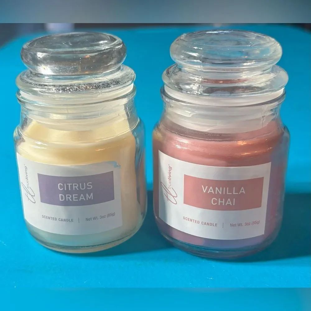 2 NEW! True Living 3 oz Glass Scented Candles Citrus Dream & Vanilla Chai